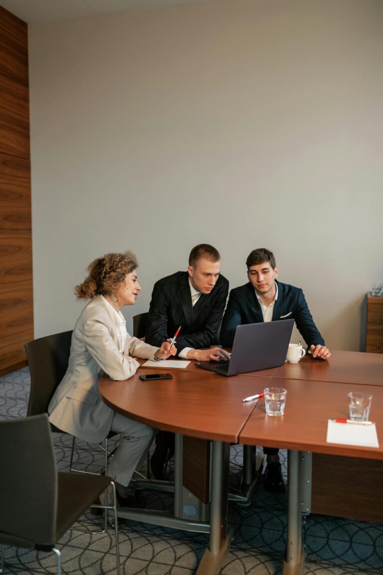 Colleagues Looking at a Computer during a Meeting